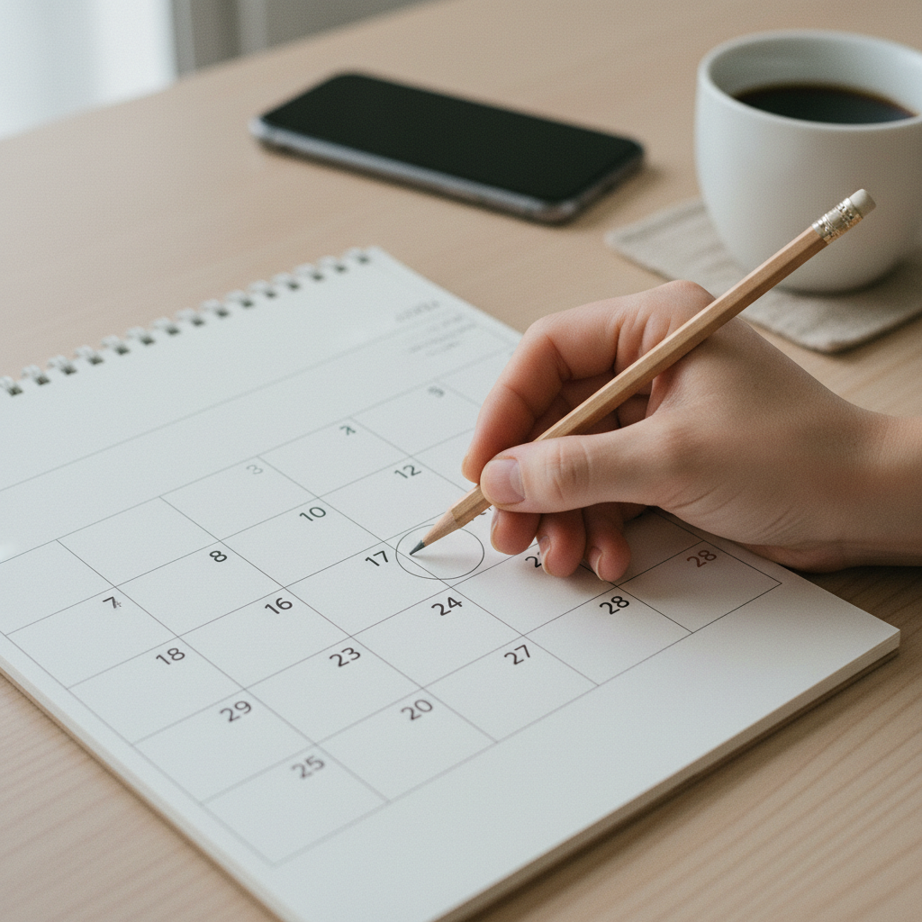 A close-up of a person marking a physical calendar next to a mobile device showing a financial tracking interface.