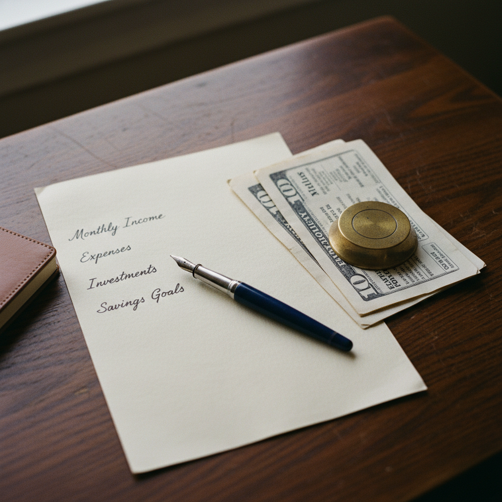 A top-down view of a wooden desk with a leather-bound financial planner, a fountain pen, and neatly organised utility bills.
