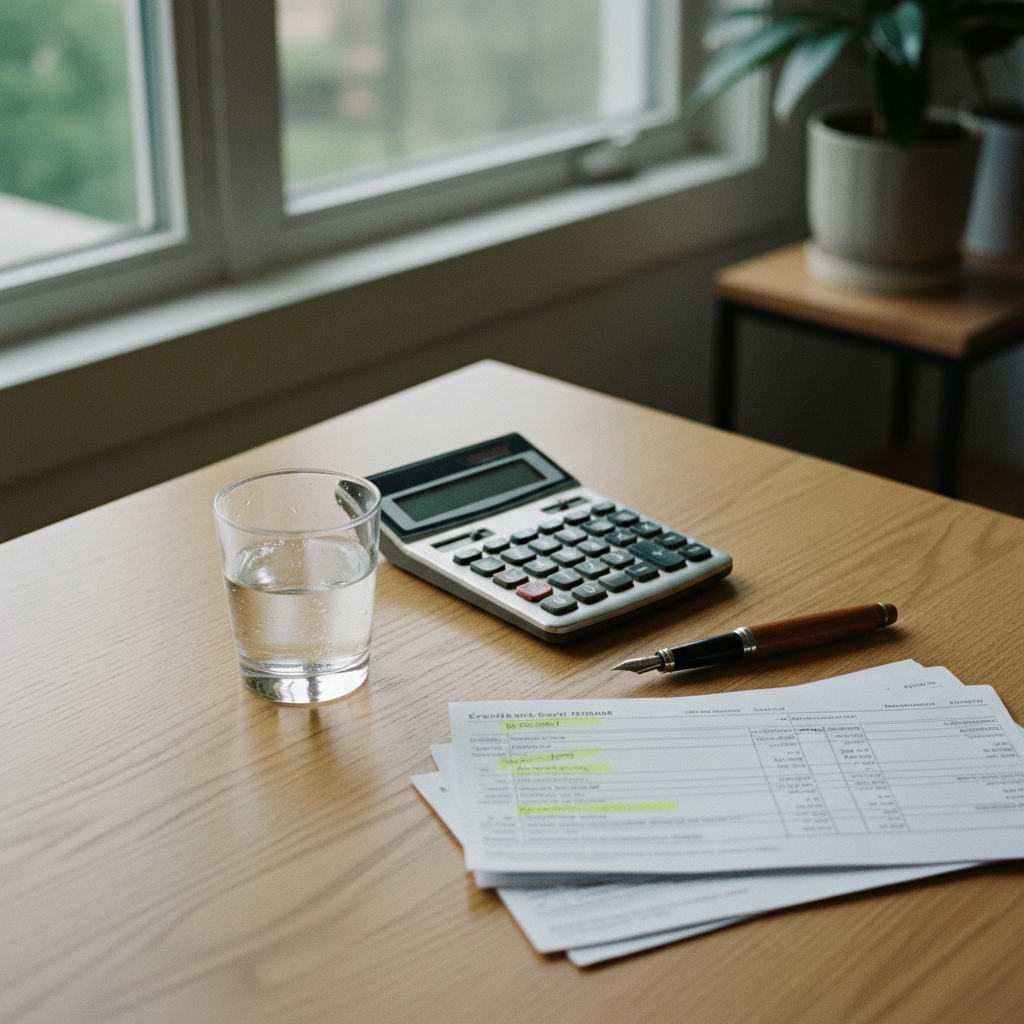 A minimalist wooden desk with a leather-bound planner, a calculator, and neatly stacked paper receipts in soft morning light.