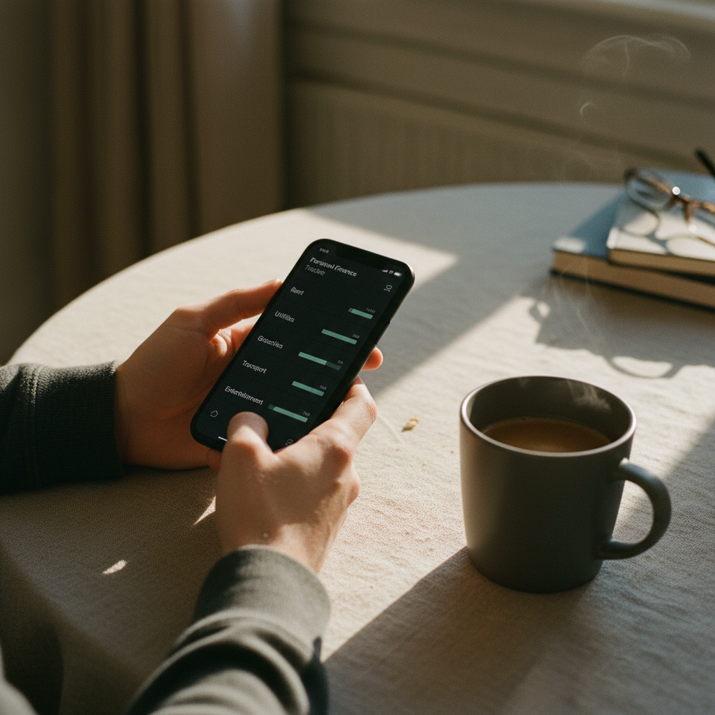 Close-up of a person's hands holding a smartphone displaying a finance tracking interface next to a ceramic coffee mug.