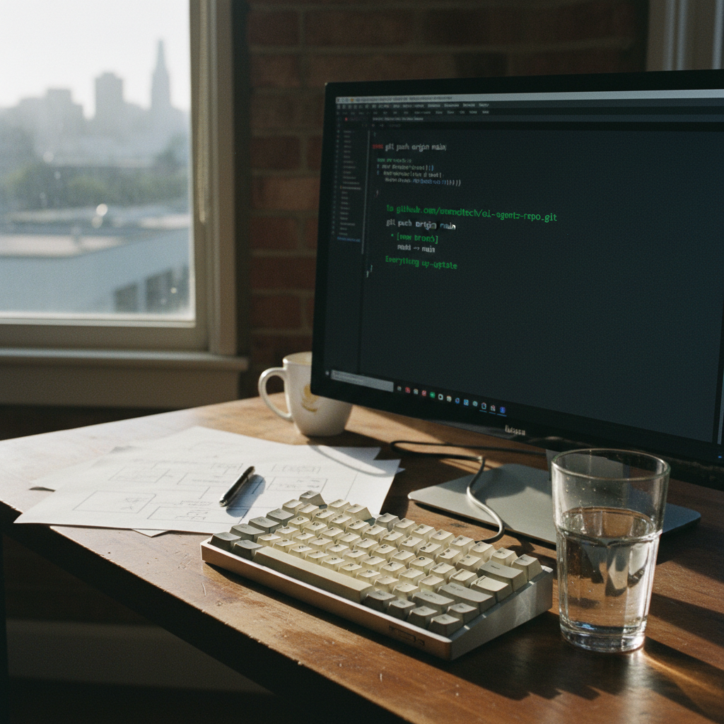 A clean, minimalist developer workspace with a mechanical keyboard, a dark-mode code editor on a monitor, and a notebook with handwritten logic diagrams.