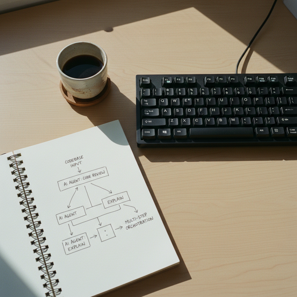 A high-angle shot of a developer's wooden desk in Bangalore featuring a mechanical keyboard, a notebook with flowcharts, and a cup of filter coffee.