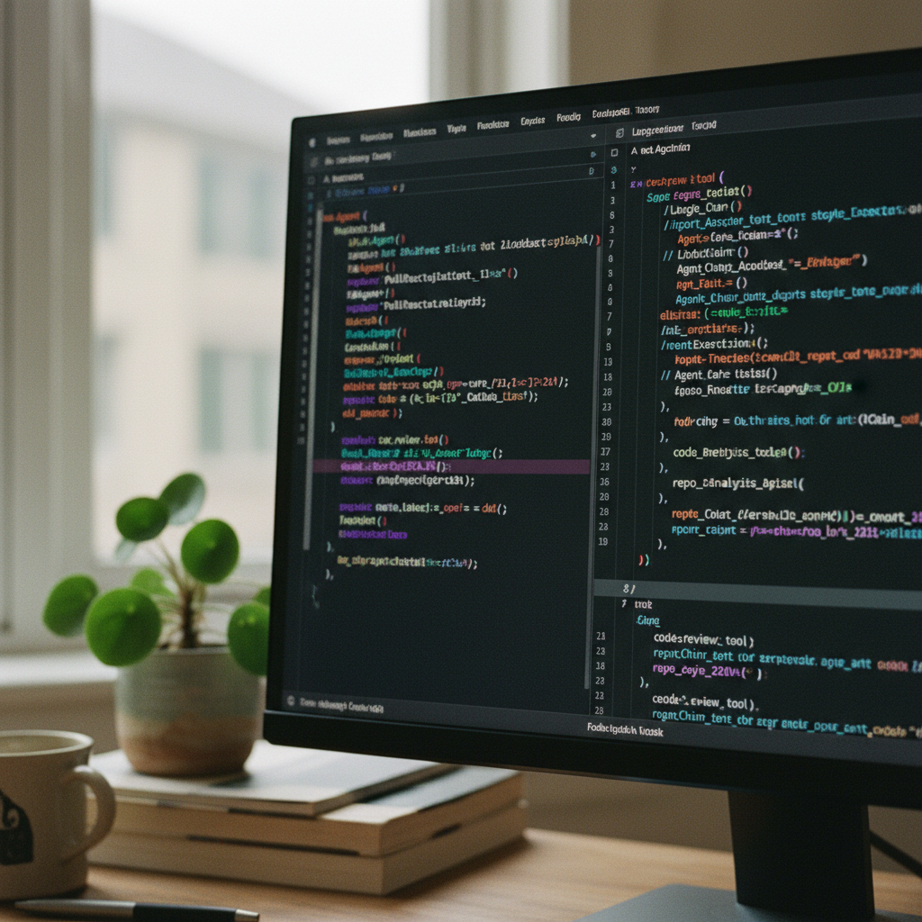 A split-screen style photo showing a close-up of a high-resolution monitor displaying clean TypeScript code on one side and a complex graph visualization on the other.