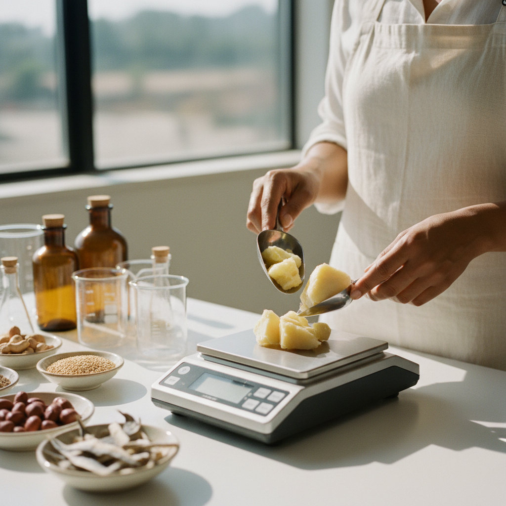 A small-scale cosmetic formulator weighing shea butter on a digital scale in a clean workshop.