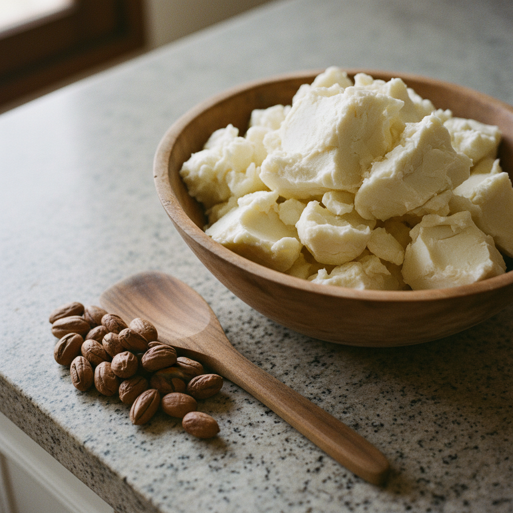 Raw unrefined shea butter in a wooden bowl on a textured stone surface with shea nuts scattered around.