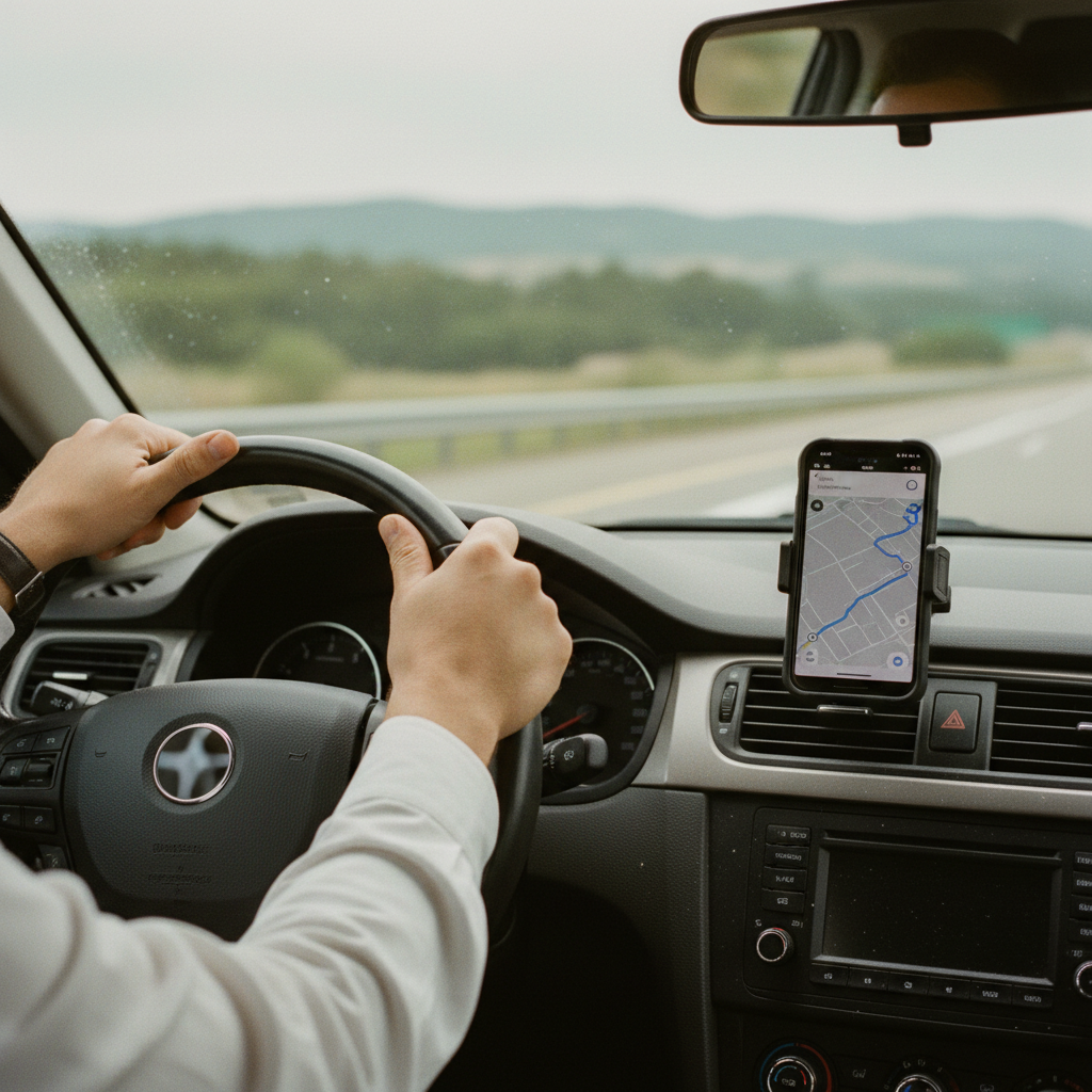 A driver's hands on a steering wheel with a visible GPS navigation device showing the route from Ranchi to Patna.