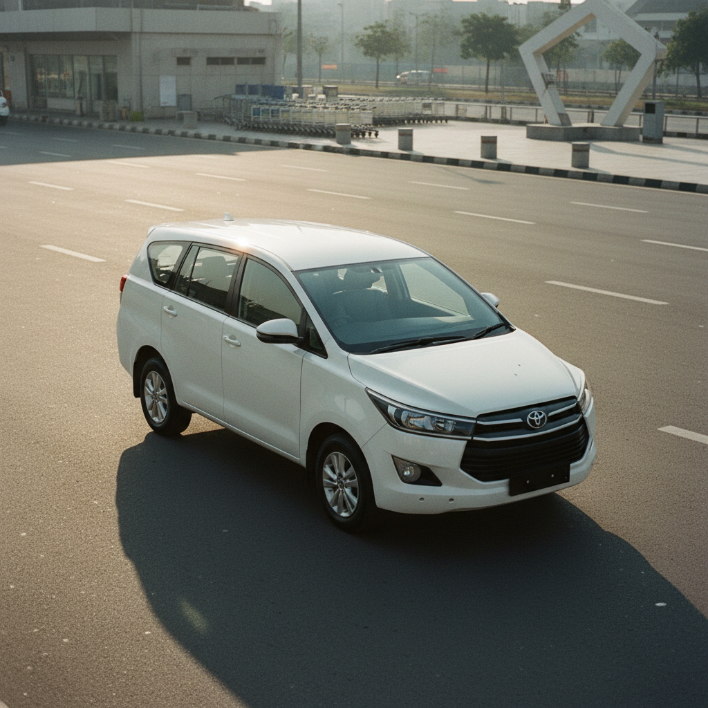A clean white Toyota Innova Crysta parked on a paved road during sunrise, highlighting vehicle maintenance.