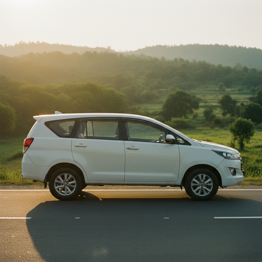 A clean white Toyota Innova parked on a paved driveway during the golden hour in Ranchi, showing the vehicle's side profile.