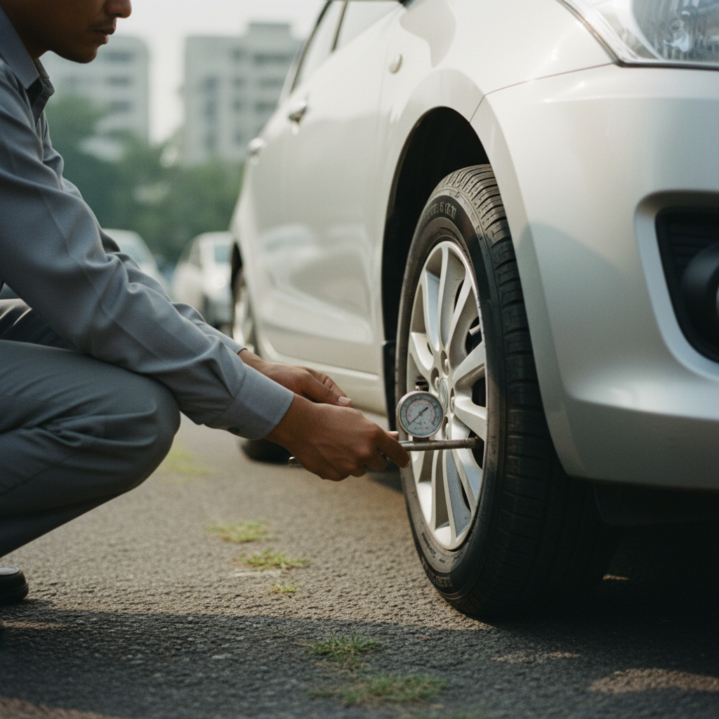 A professional driver in a clean uniform checking the tire pressure of a sedan with a manual gauge.