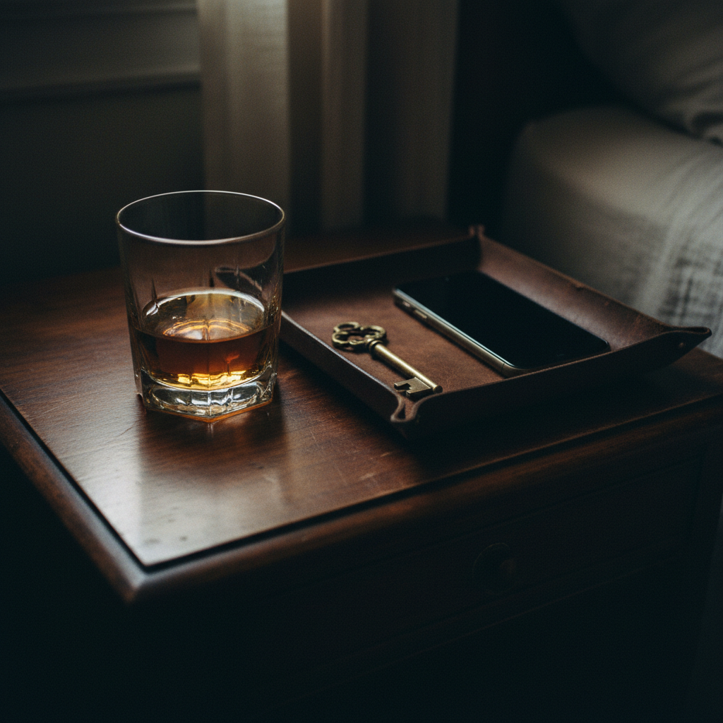 A high-quality film photograph of a dimly lit, mid-century modern bedroom at dusk, featuring a leather valet tray on a teak nightstand containing a brass key and a modern smartphone.
