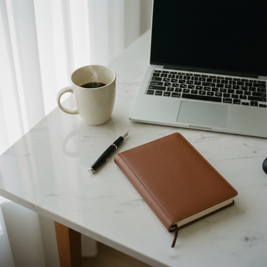A minimalist workspace featuring a high-end laptop, a paper notebook with handwritten notes, and a cup of black coffee on a marble surface.