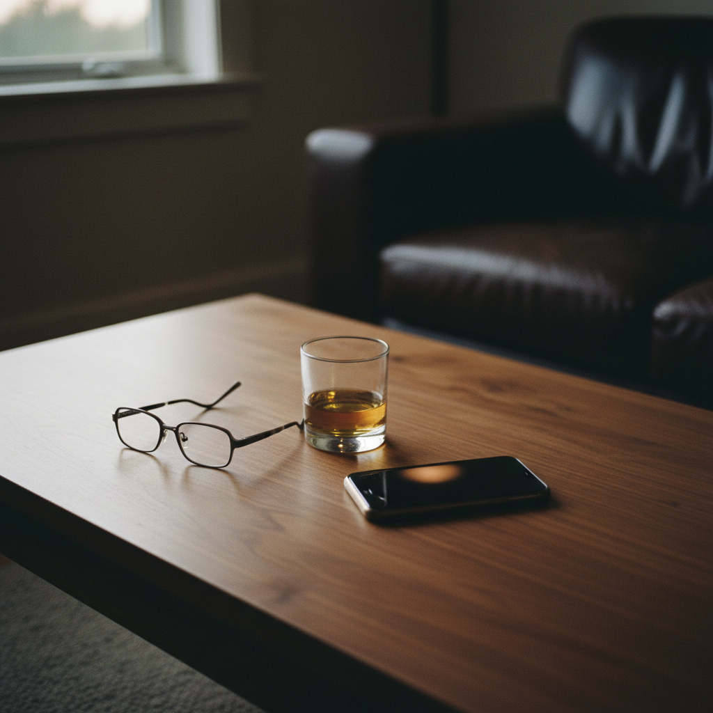 A person sitting on a mid-century leather sofa in a London flat, holding a smartphone in low evening light.