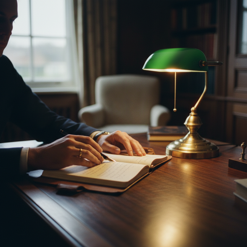 A close-up of a person's hands typing on a laptop at a dark wooden desk with a small desk lamp.