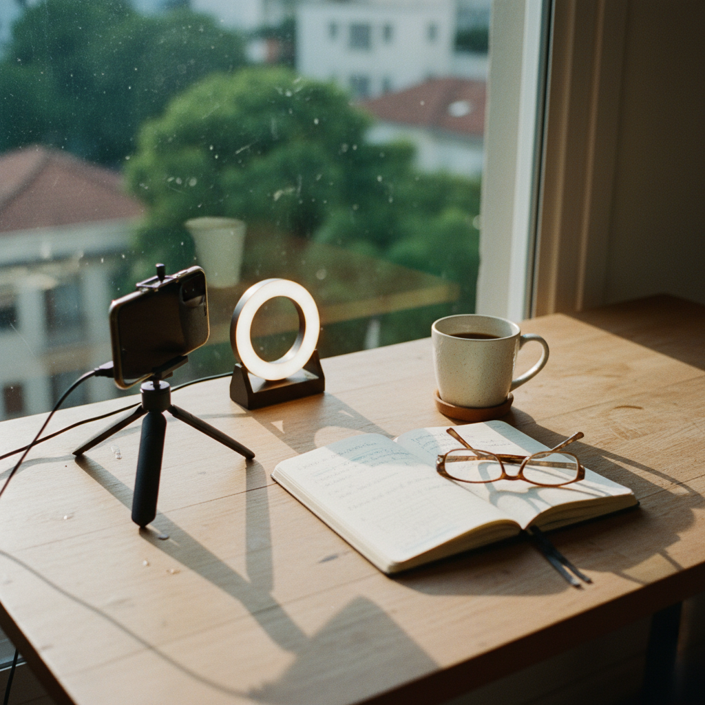 A creator's desk in São Paulo with a smartphone on a tripod, a ring light, and a notebook with 'Community Strategy' written on it.