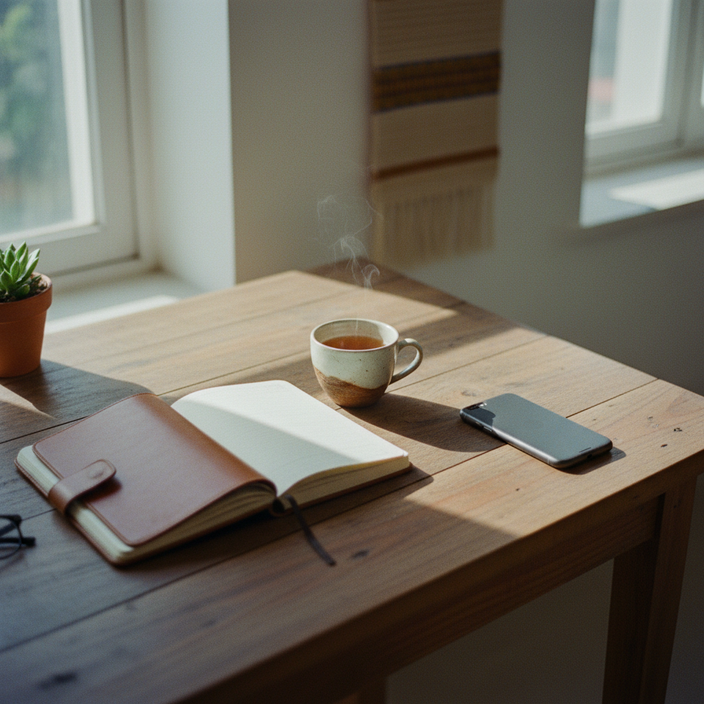 A clean, organized wooden desk with a notebook, a brass pen, and a small potted plant in soft morning light.