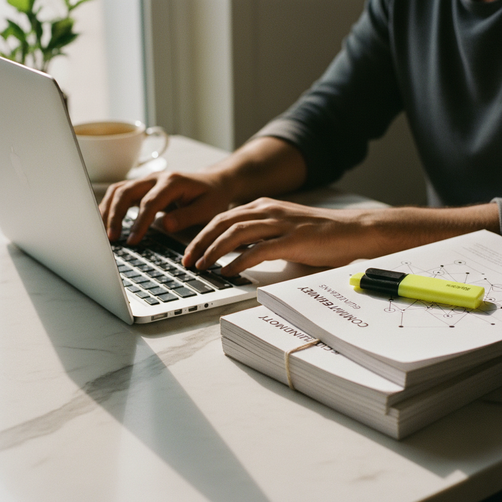 A close-up of a person’s hands typing on a laptop keyboard in a quiet home office.