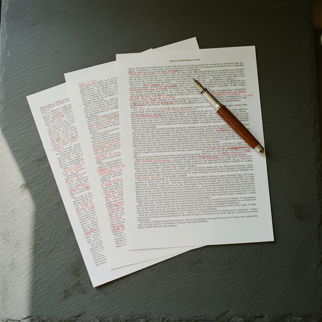 A printed manuscript with red pen annotations and a fountain pen resting on top.