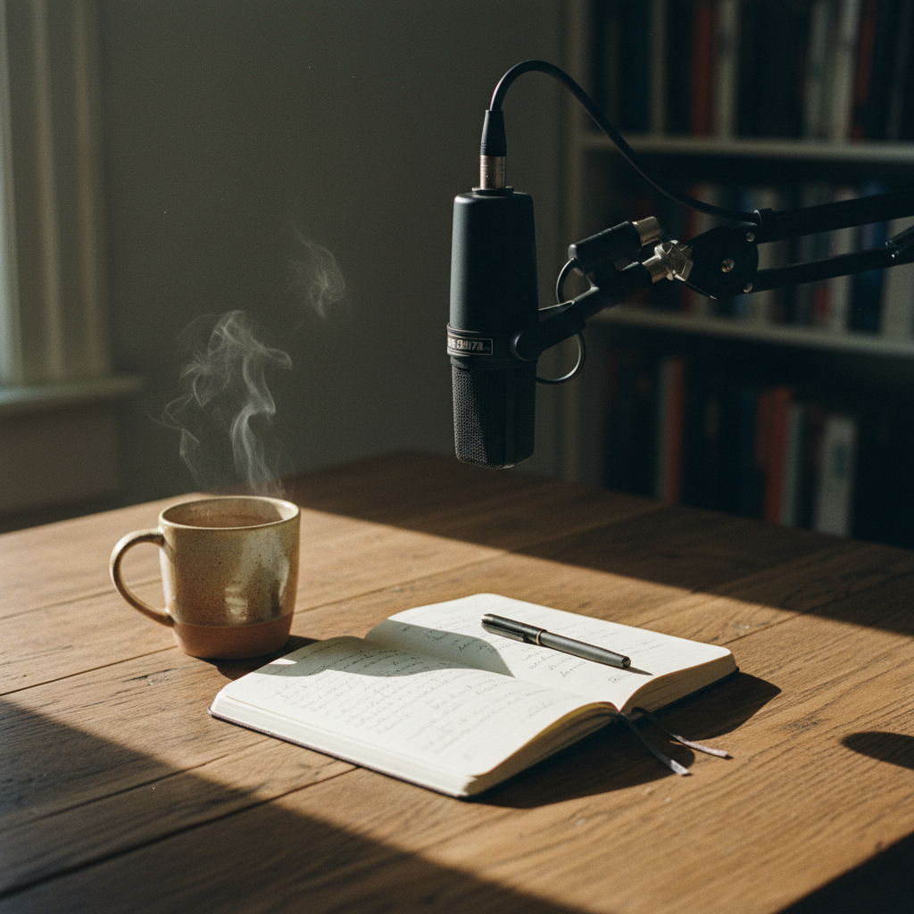 A high-quality vintage-style microphone on a wooden desk next to a notebook and a cup of tea in natural daylight.
