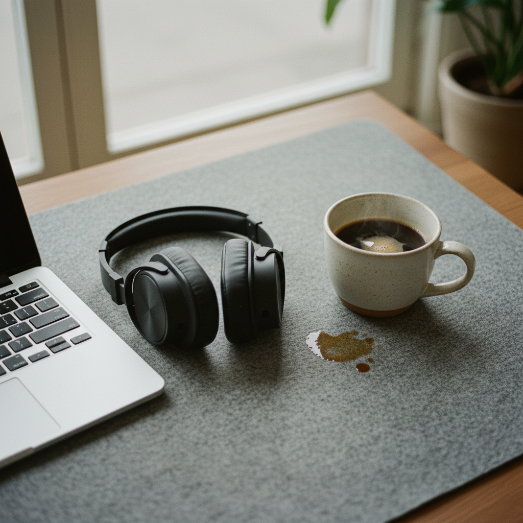 A person’s hands typing on a laptop with a pair of headphones resting nearby on a textured tabletop.