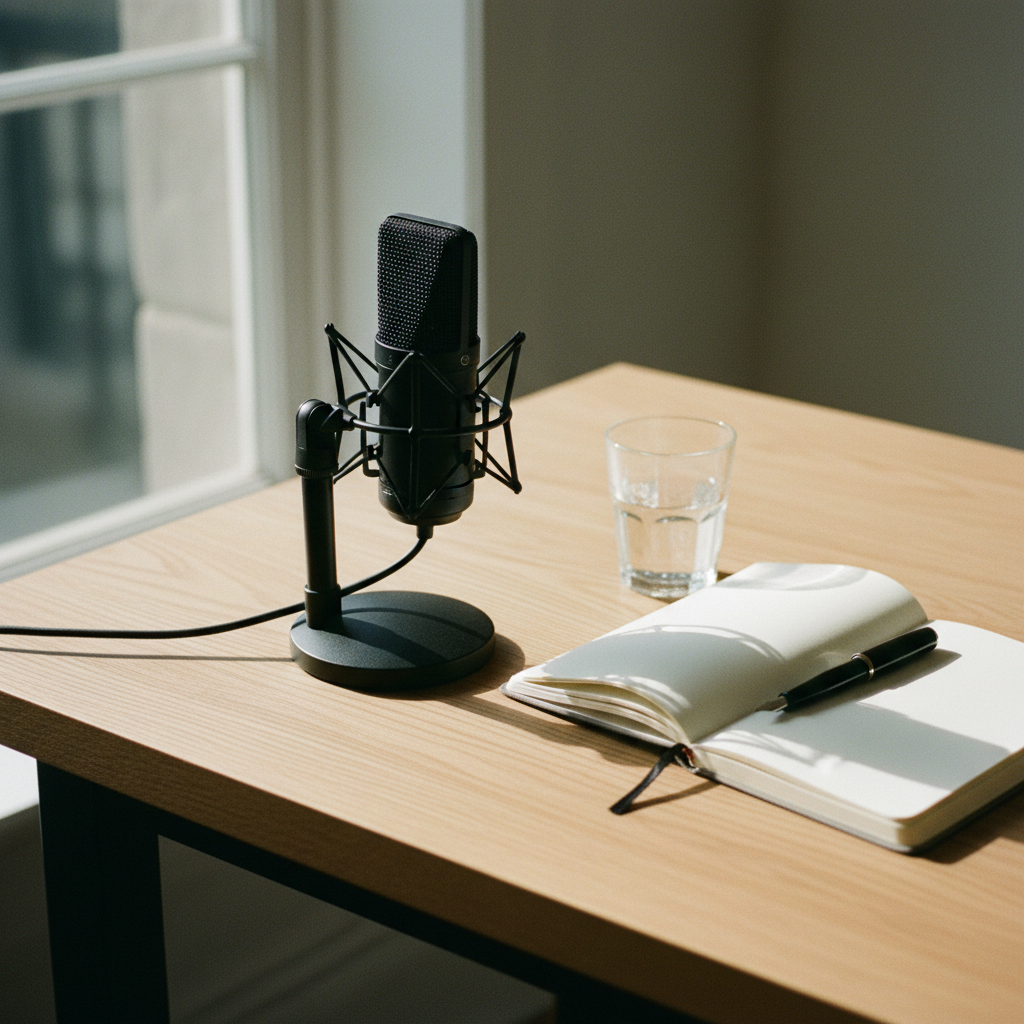 A high-quality condenser microphone on a wooden desk next to a notebook and a glass of water in soft afternoon light.