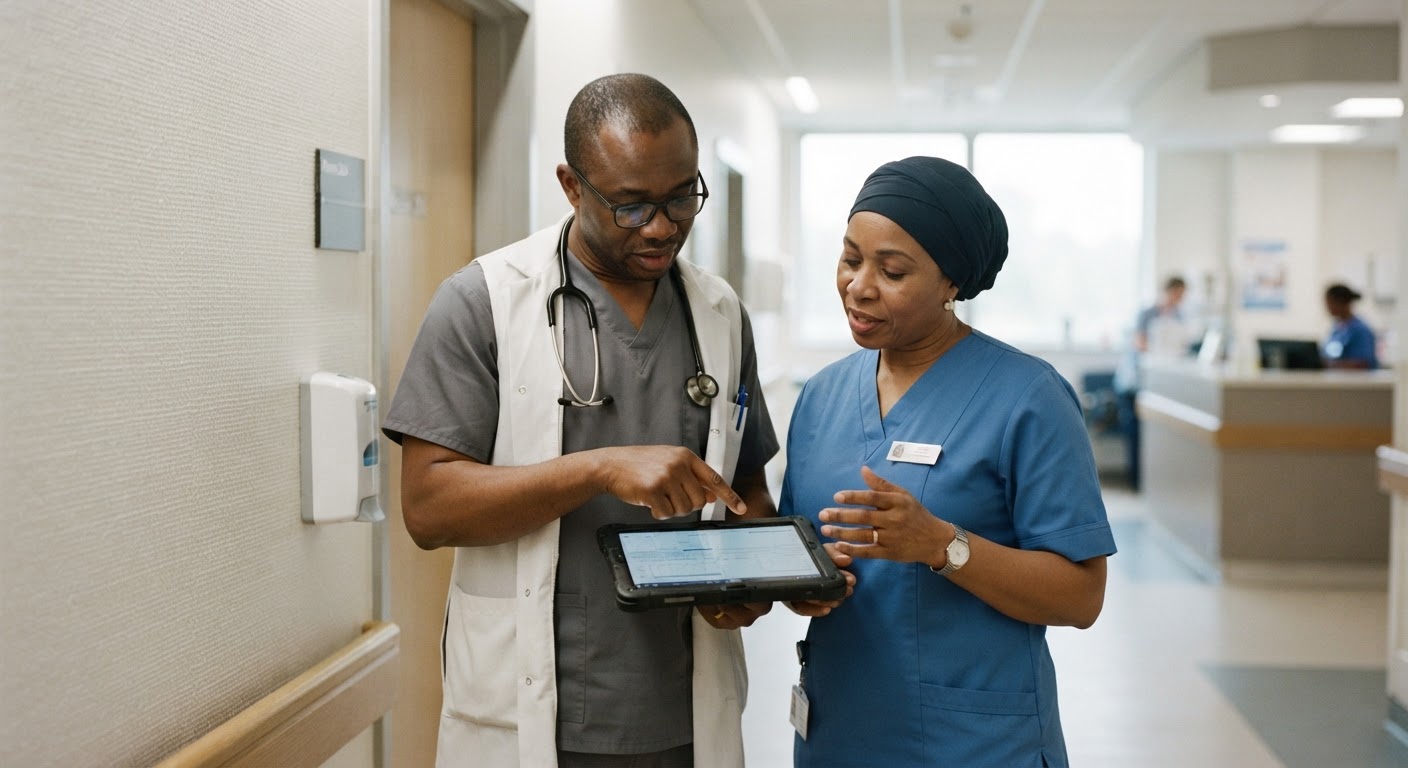 Nurse and physician cross-checking an electronic prescription chart in an outpatient ward