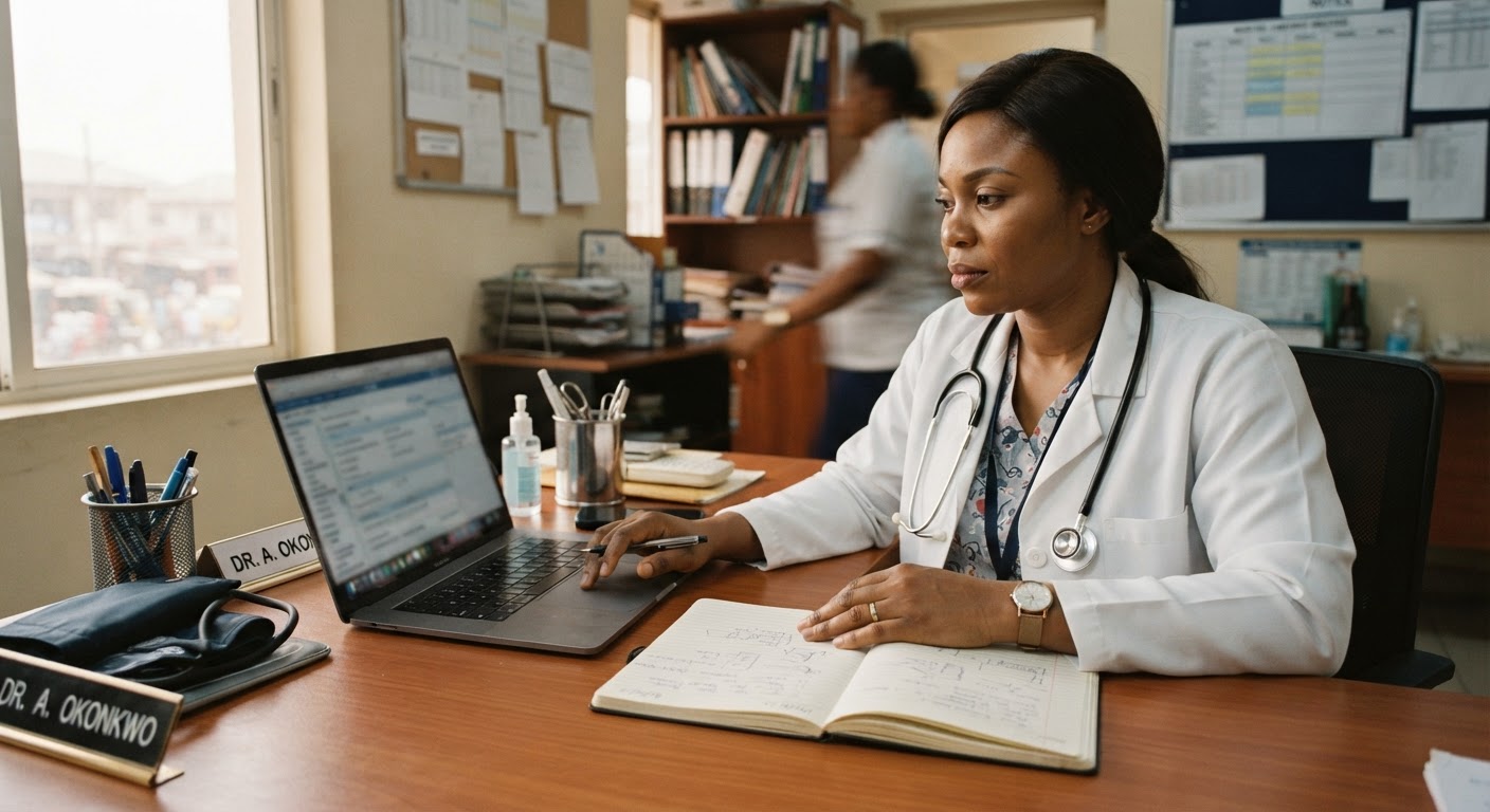 Medical director reviewing patient records on a laptop at a clean clinical desk in Lagos