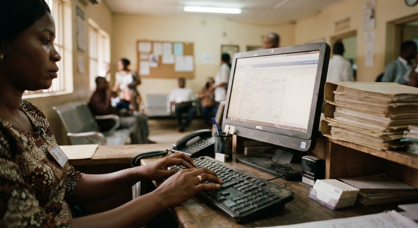 Clinic front desk receptionist checking in a patient using management software on a counter terminal