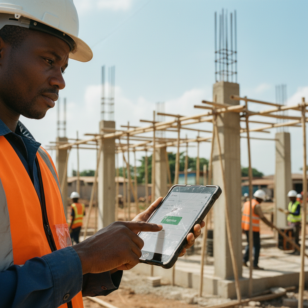 A site manager at a construction site in Nigeria approving a request on a rugged tablet.