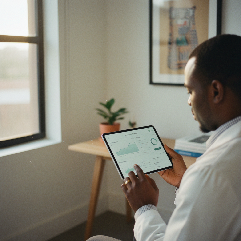 A close-up of a doctor's hand pointing to a patient's digital chart on a tablet screen in a well-lit clinic.