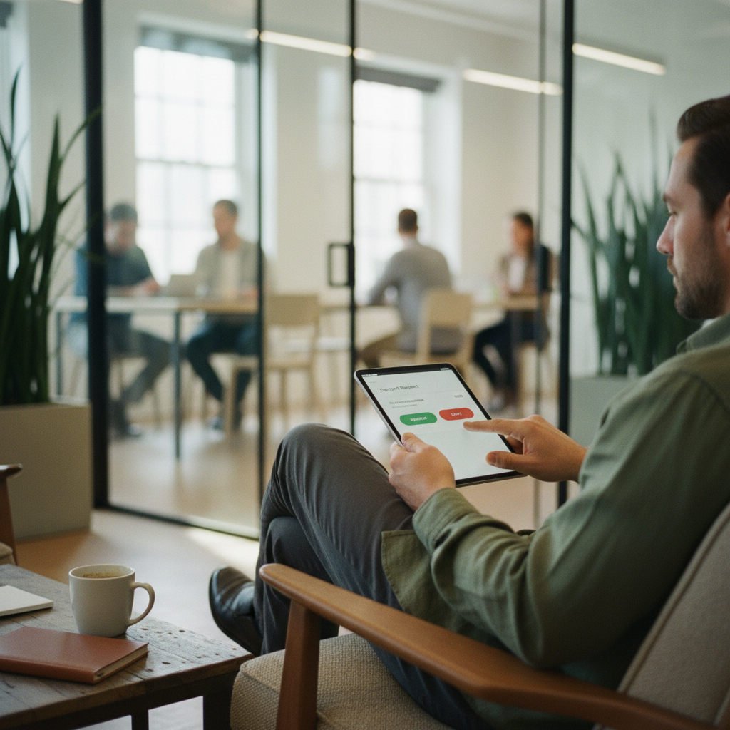 A manager on a tablet approving a discount request within an approval workflow software.
