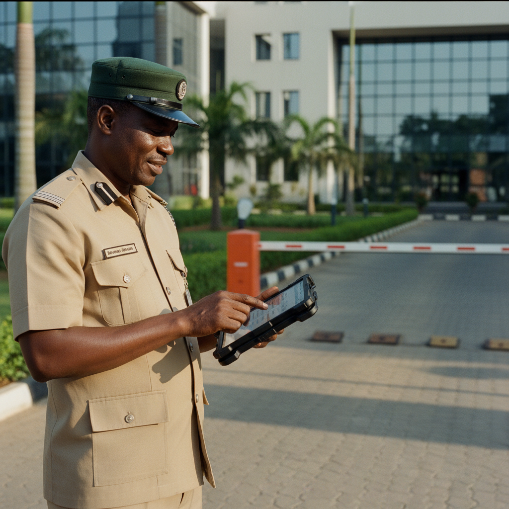 A security guard at an estate gate in Nigeria reviewing a digital log on a tablet.