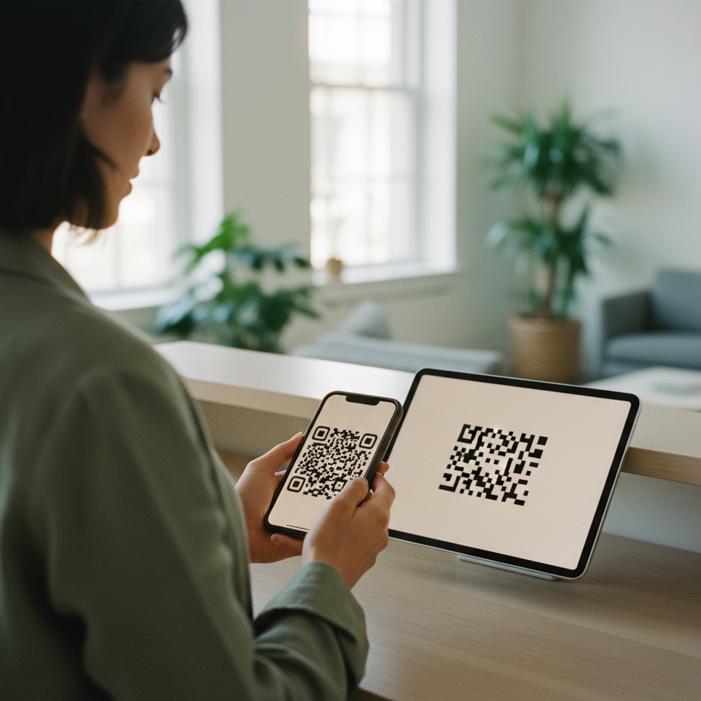 A visitor at an office reception scanning a QR code on her phone to check in.