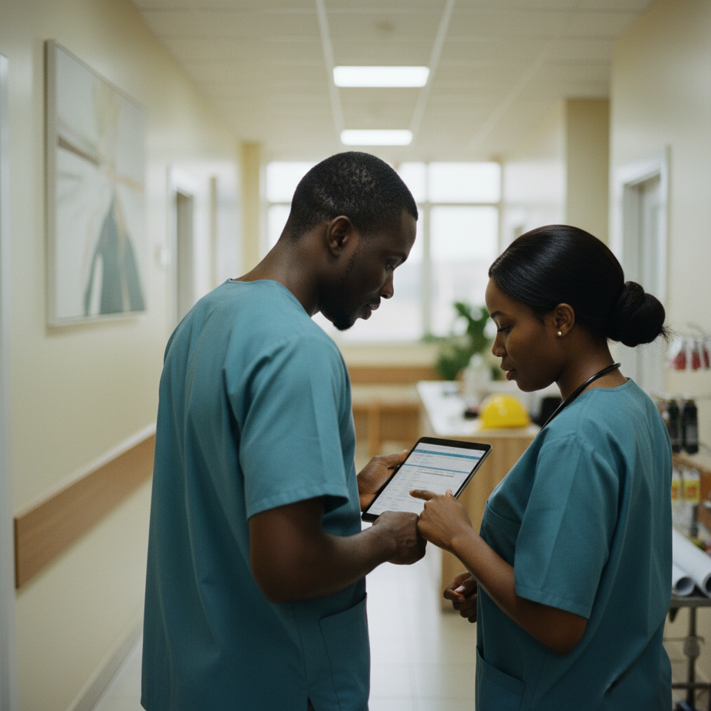 Two healthcare workers in Nigeria reviewing patient data on a tablet, pointing at the screen.
