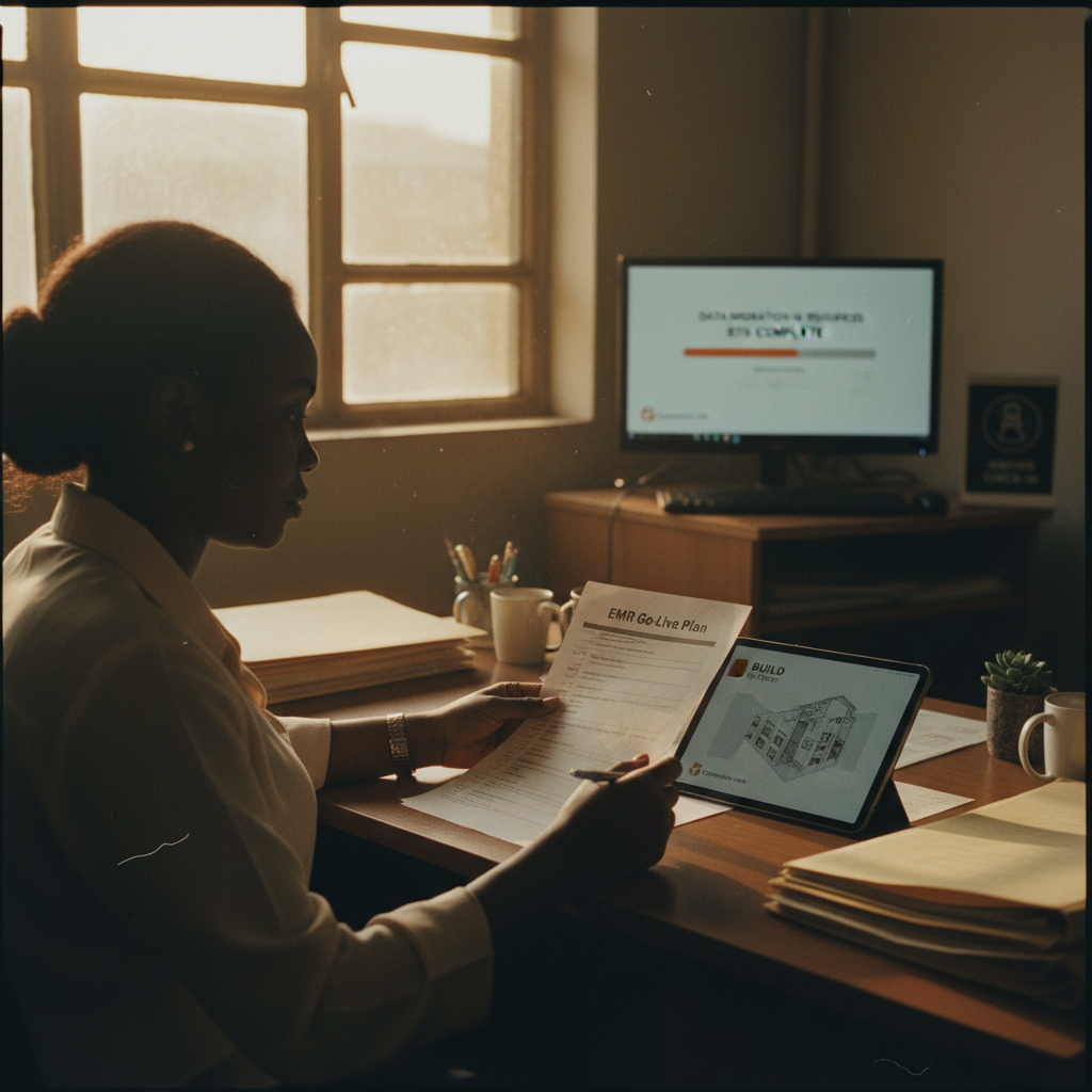A clinic administrator in an office making a final check on a data migration checklist before go-live.