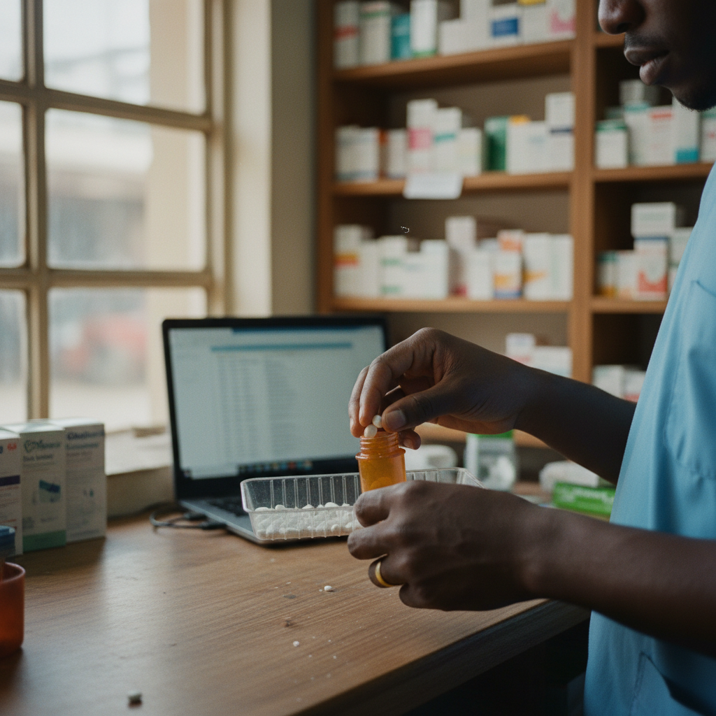 A pharmacist in Nigeria dispensing medication, with a laptop showing the Carrotsuite HMS pharmacy queue in the background.