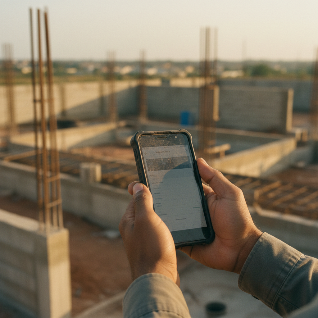 A construction site supervisor in Nigeria using a smartphone to take a photo of a building's foundation.