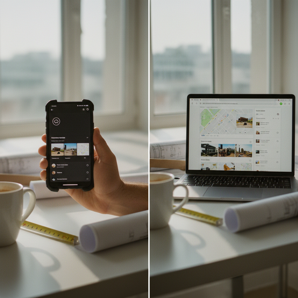 A side-by-side comparison of an offline mobile app screen and a laptop dashboard showing synced data.