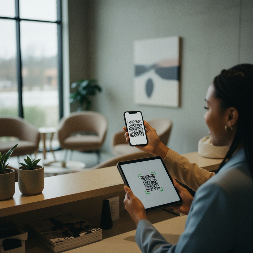 A visitor at an office reception desk holding their smartphone, which displays a QR code, towards a tablet scanner held by the receptionist.