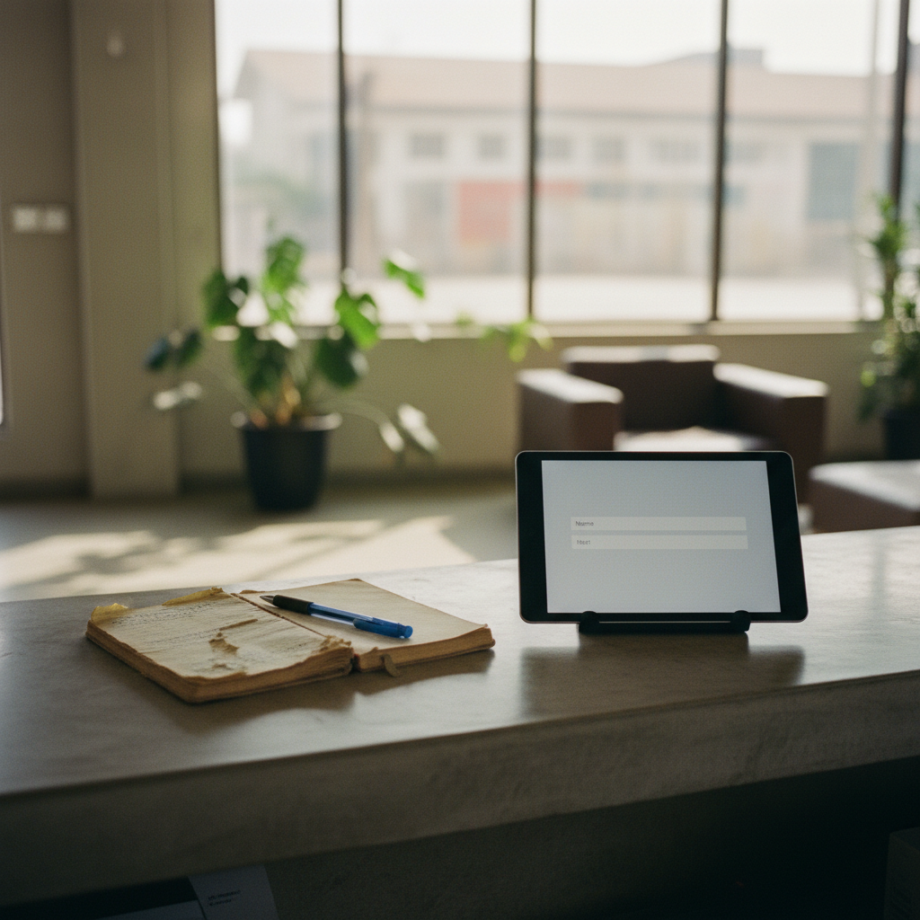 A close-up of a security guard's desk in a modern Nigerian office building, showing a sleek tablet displaying a digital visitor management interface next to an old, worn-out paper logbook.