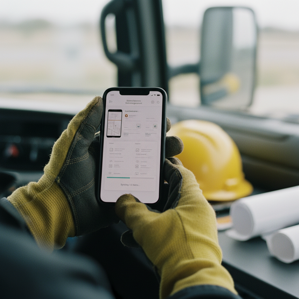 A detailed view of a smartphone screen showing a construction app's offline sync status in The Gambia.