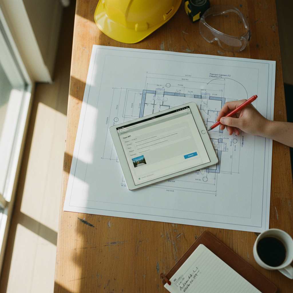 An architectural drawing on a desk with a pen pointing to a section that requires an RFI (Request for Information).