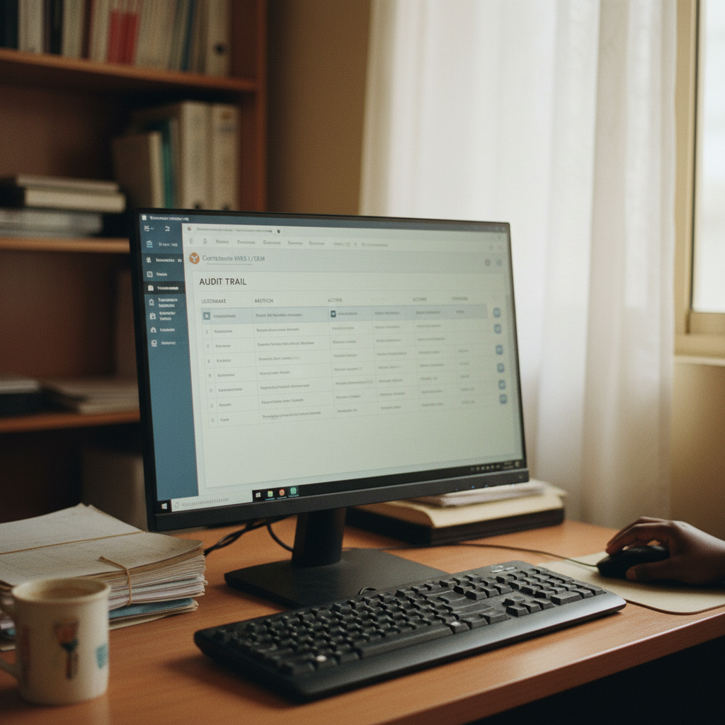 Close-up of a hospital administrator's dashboard showing user access logs on a computer screen in an office.
