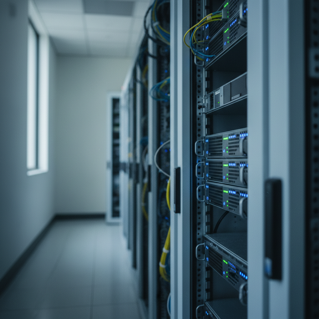 A server rack with blinking lights in a secure, climate-controlled data centre room representing data security and backups.