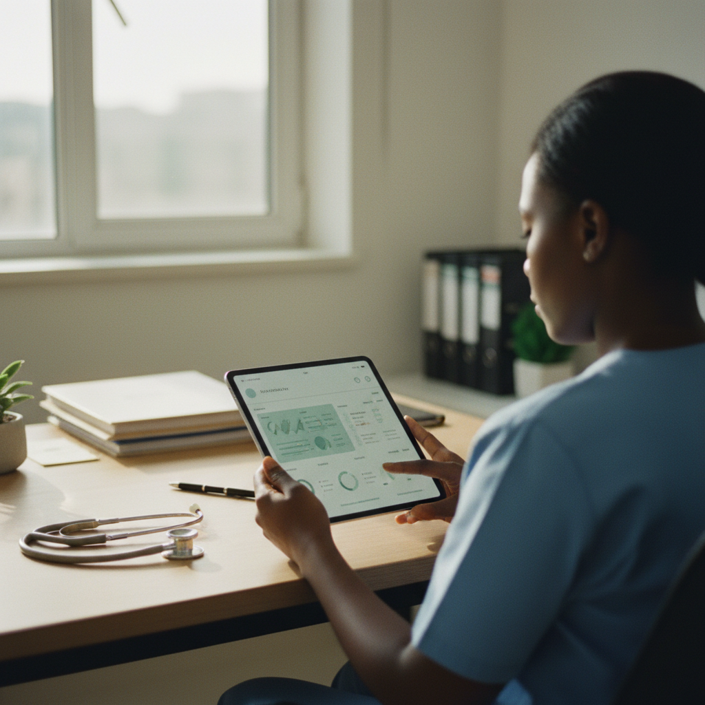 A Nigerian doctor reviews a patient's electronic medical record on a tablet inside a well-lit clinic consultation room.