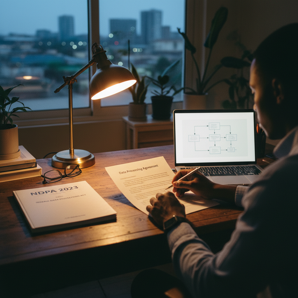 A compliance officer in Lagos reviewing data processing agreements under a desk lamp.