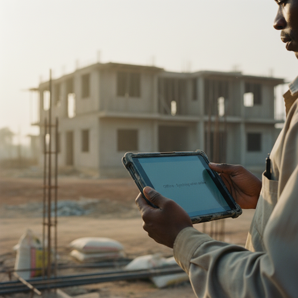 A construction site supervisor in Nigeria using a tablet to log progress offline.