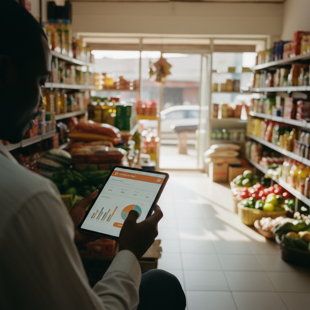 A Nigerian supermarket owner reviews inventory reports on a tablet, with shelves of products in the background.