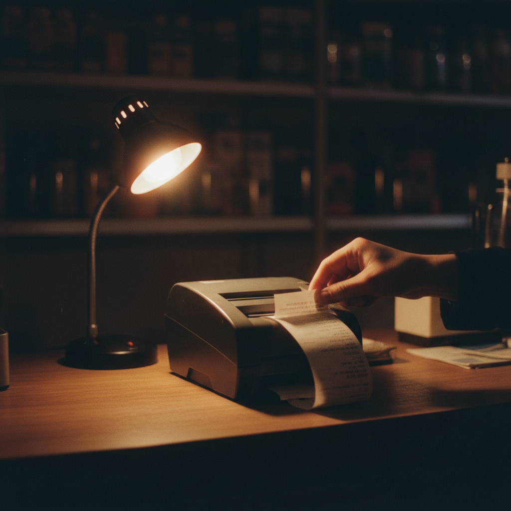 Close-up of a POS terminal printing a receipt during a power outage, illuminated by an emergency light.