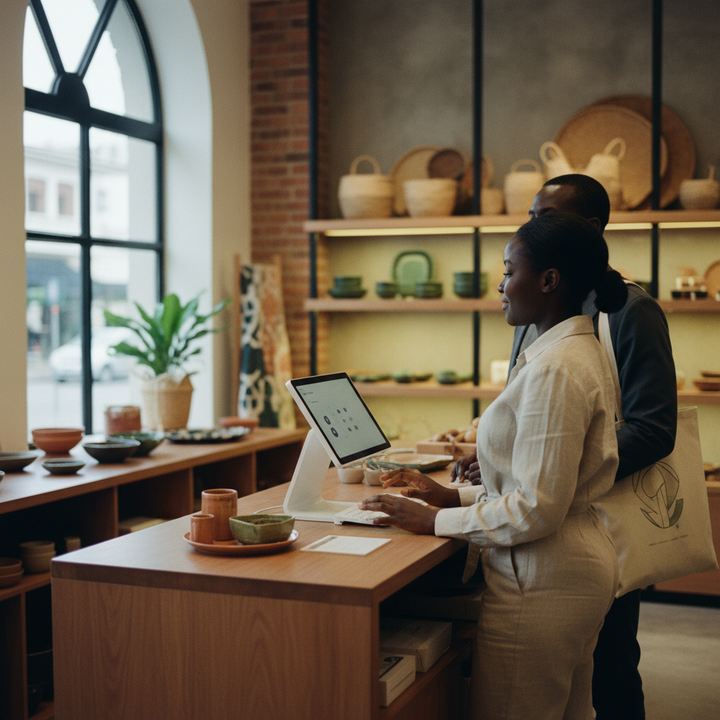 A retail store employee using a modern POS terminal with offline capabilities to serve a customer.