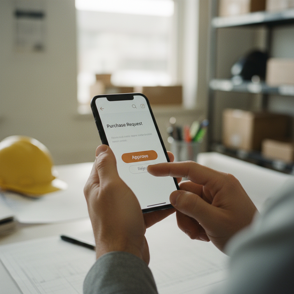 A manager approving a purchase request on their smartphone using a workflow automation app.